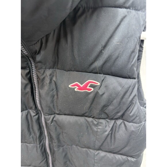Hollister Women's Black Puffer Vest Hooded Y2K Fleece Lined Cinched Back Size L - Picture 3 of 10